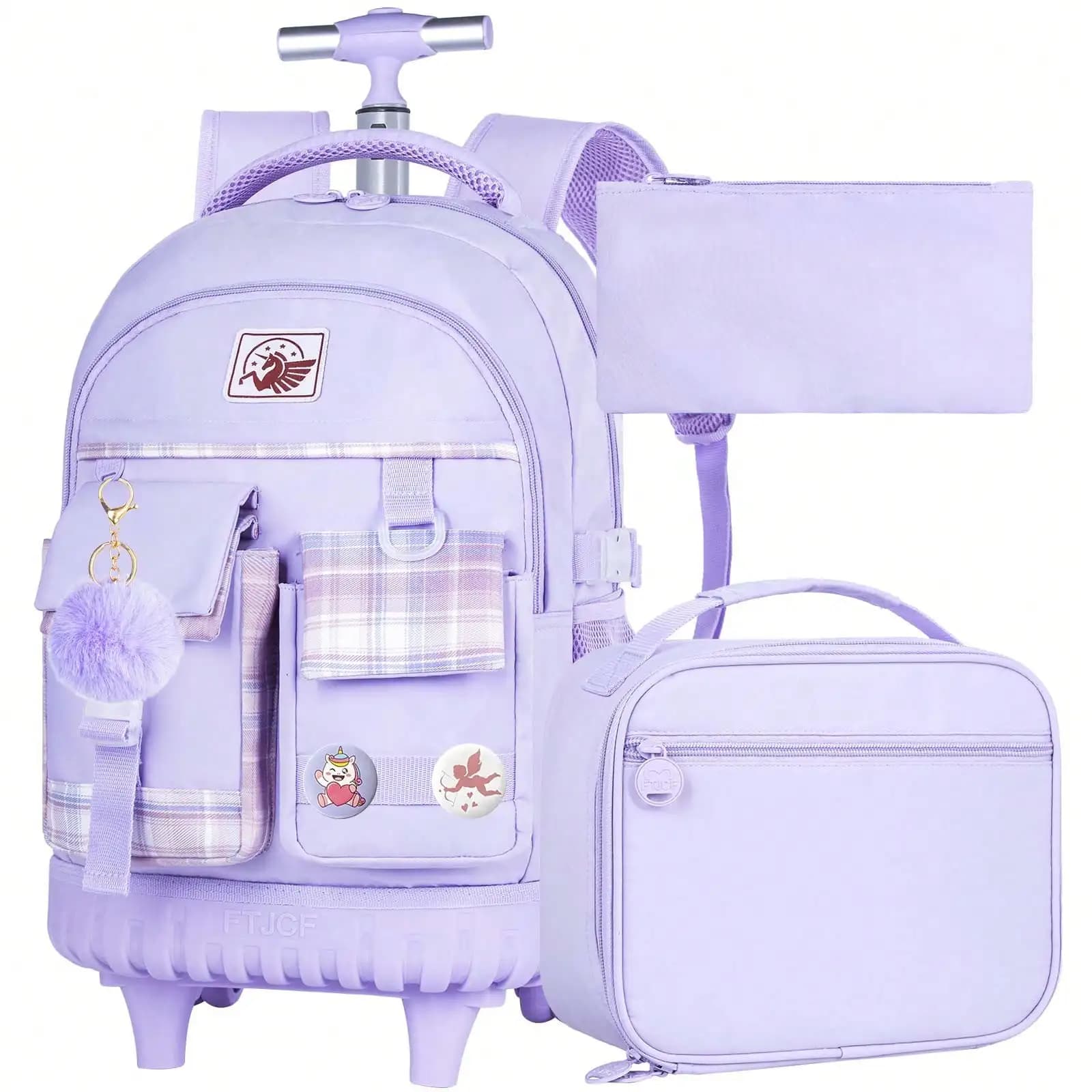 3PCS Girls Rolling Backpack, Roller Bookbag With Lunch Box, Water Resistant Wheeled School Bag For College Teens Kids Travel - Purple