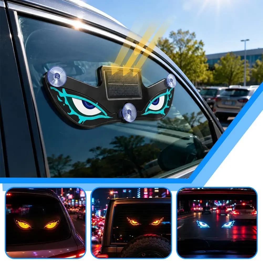 Solar Powered Devil Eyes Car Window LED Warning Light, Vibration & Light Sensor Flashing Atmosphere Lamp Safety Light For Auto