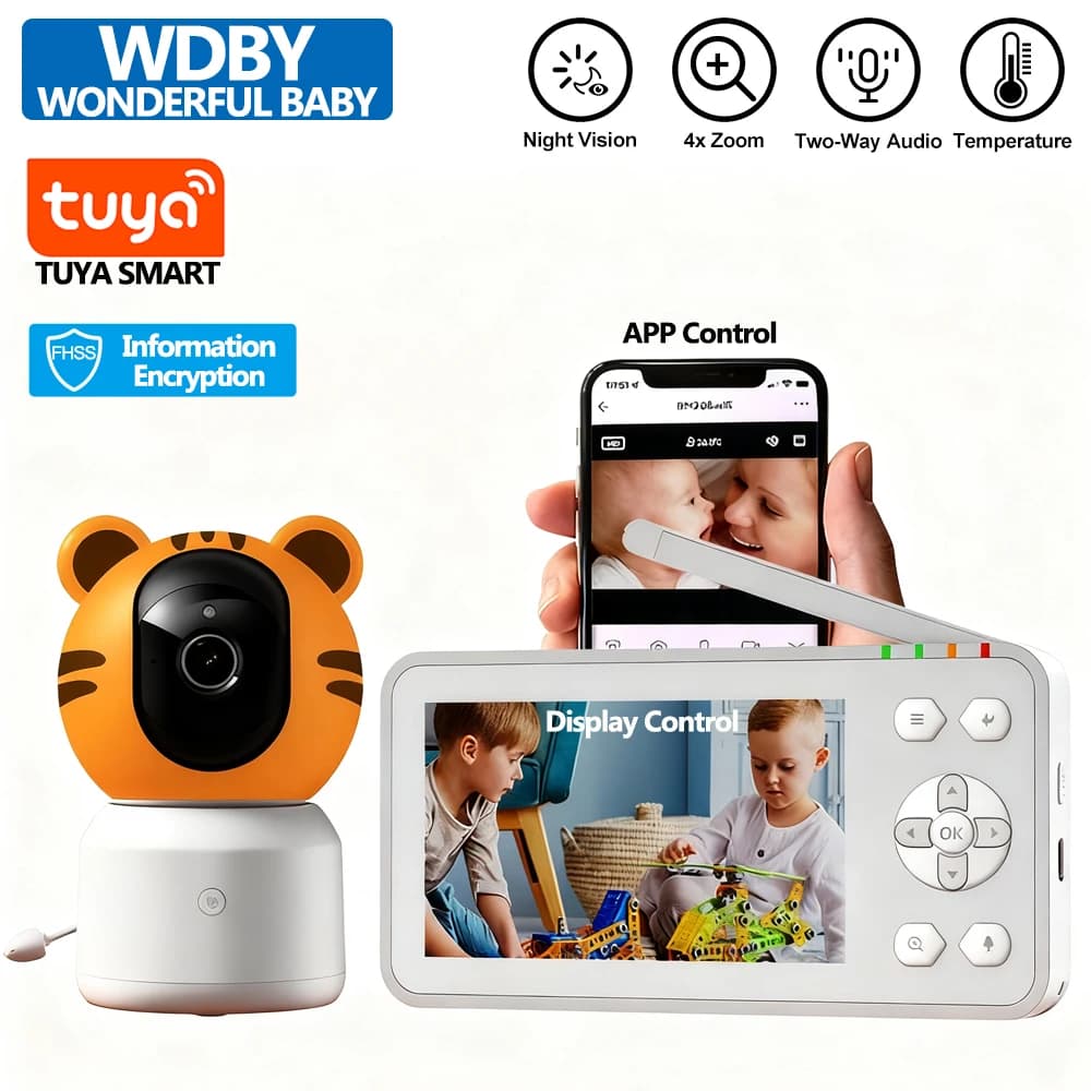 Monitor per Bambini da 4,5 Pollici con Telecamera PTZ 1080P HD, Zoom 4X, Audio Bidirezionale, Visione Notturna IR, Sensore di Temperatura, Telecamera di Sicurezza per Bambini con App TUYA