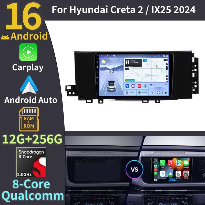 Android 16 Car Radio For Hyundai Creta 2 IX25 2024 BT QLED Qualcomm Multimedia Video Player 2DIN Carplay Auto 4G LTE 5G WIFI GPS