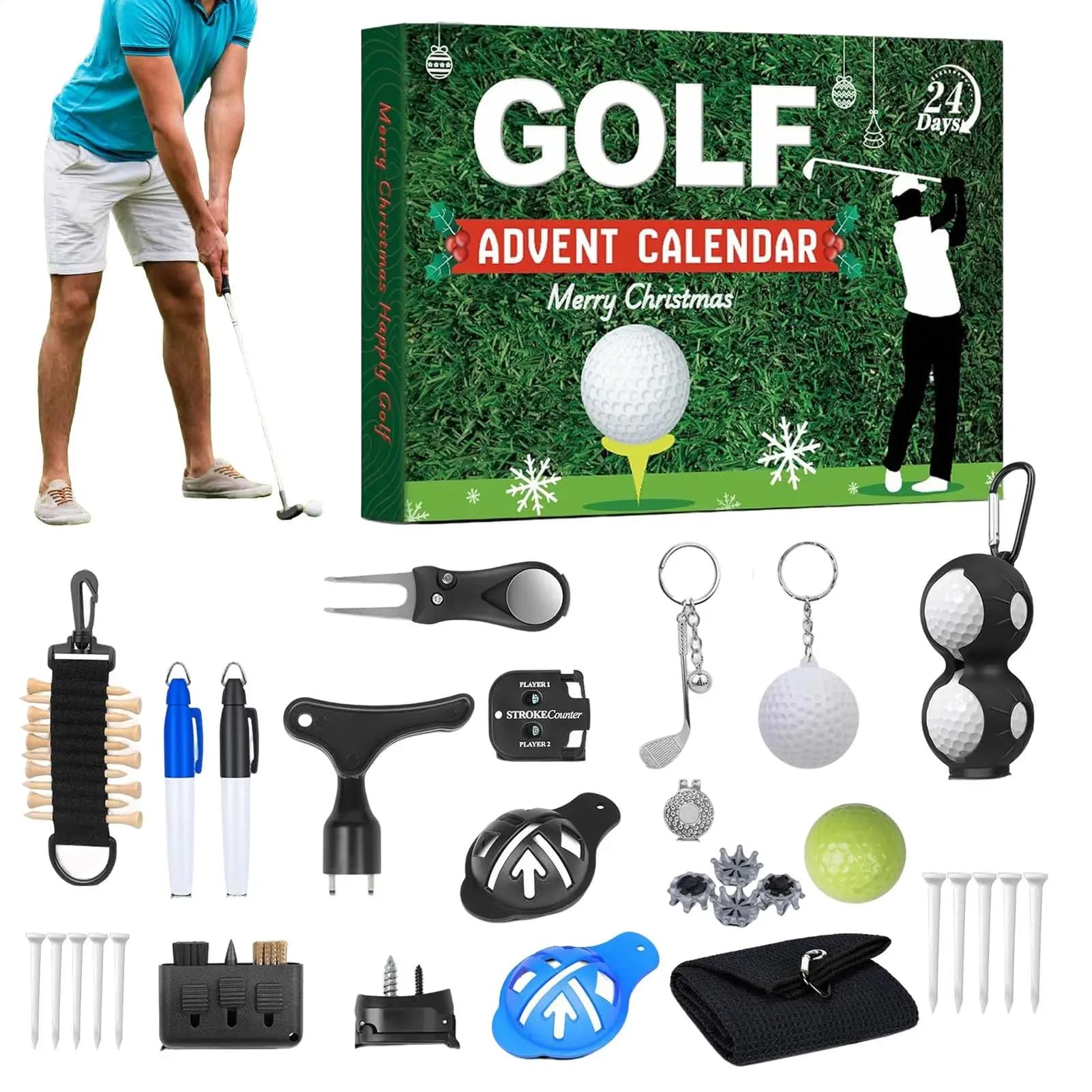 Scatola per calendario dell'Avvento da golf natalizio da 24 giorni Conto alla rovescia da 24 giorni per il set a tema natalizio da golf Include palline da golf, magliette e pennarelli