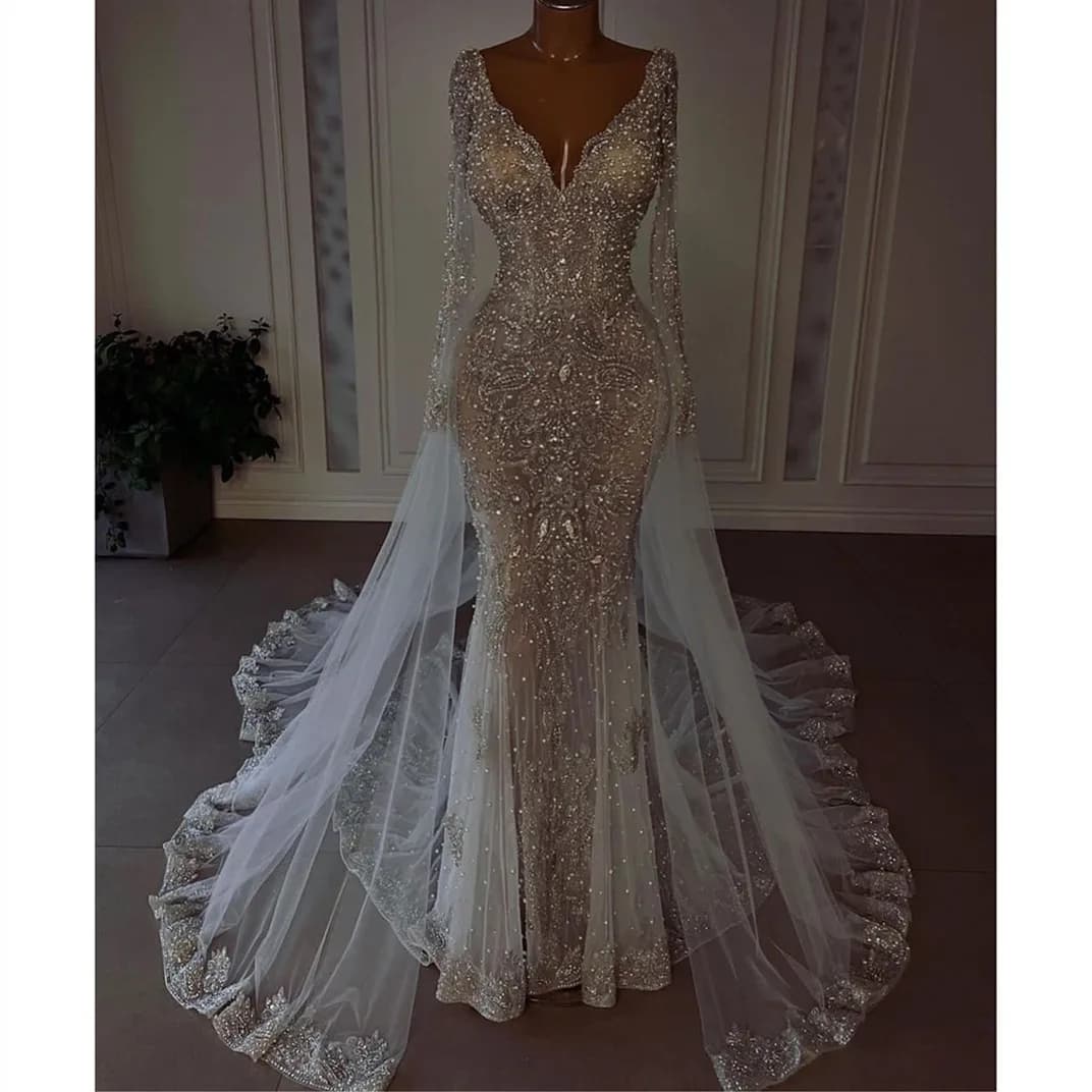 Abiti da sposa maniche lunghe scollo a V 3D pizzo perline paillettes Appliques treno staccabile diamanti abiti da sposa Vestido De Novia