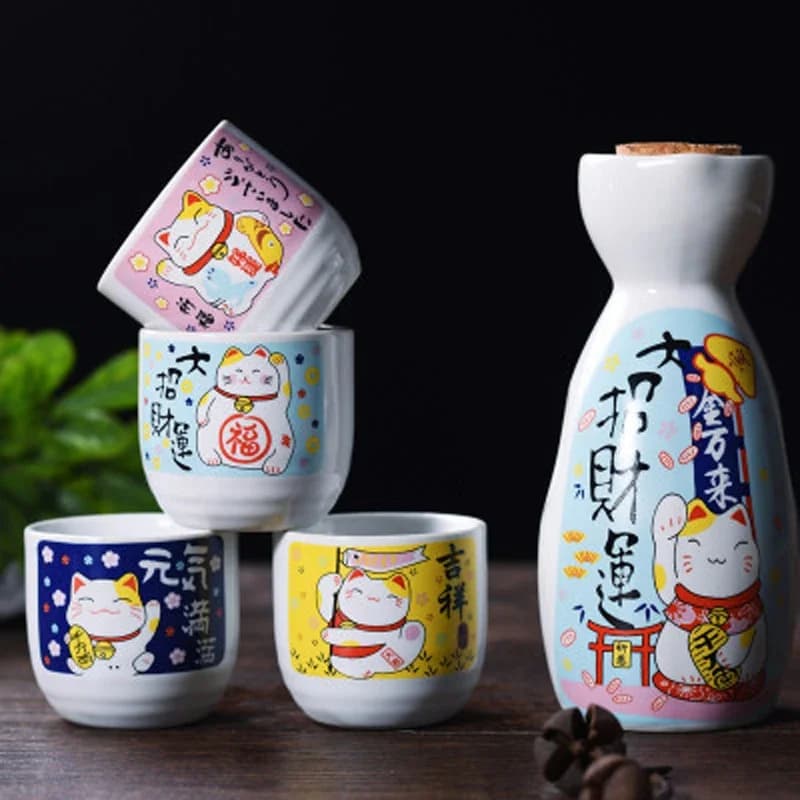 Scaldavivande per sake giapponese 1 pentola 4 tazze Articoli per vino in ceramica Modello di fiori di ciliegio Pentola per sake Tazza di vino giallo Pentola per sake Regalo per amico
