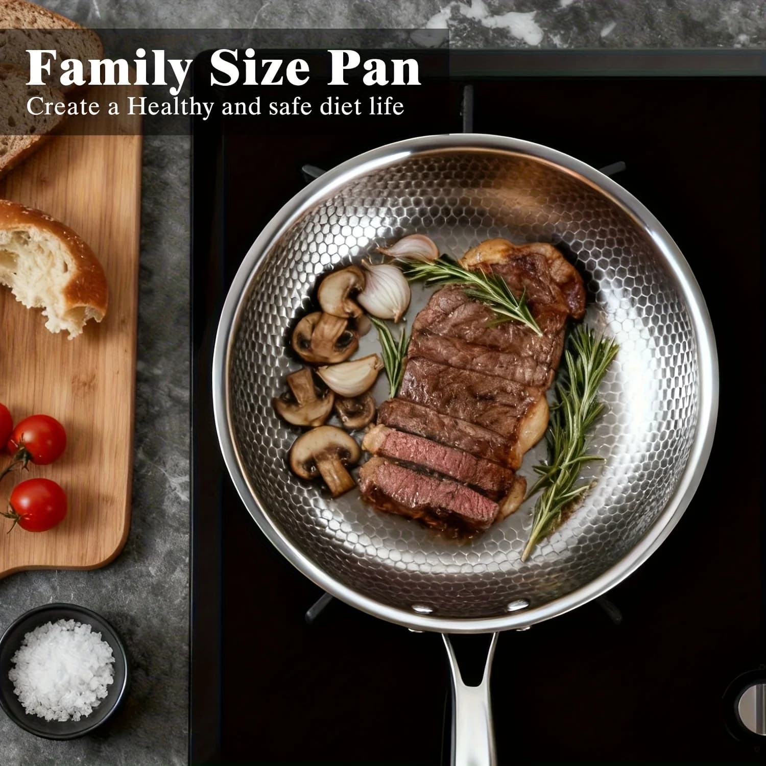 304 (18/8) three-layer composite steel frying pan, hammered surface, household frying pan