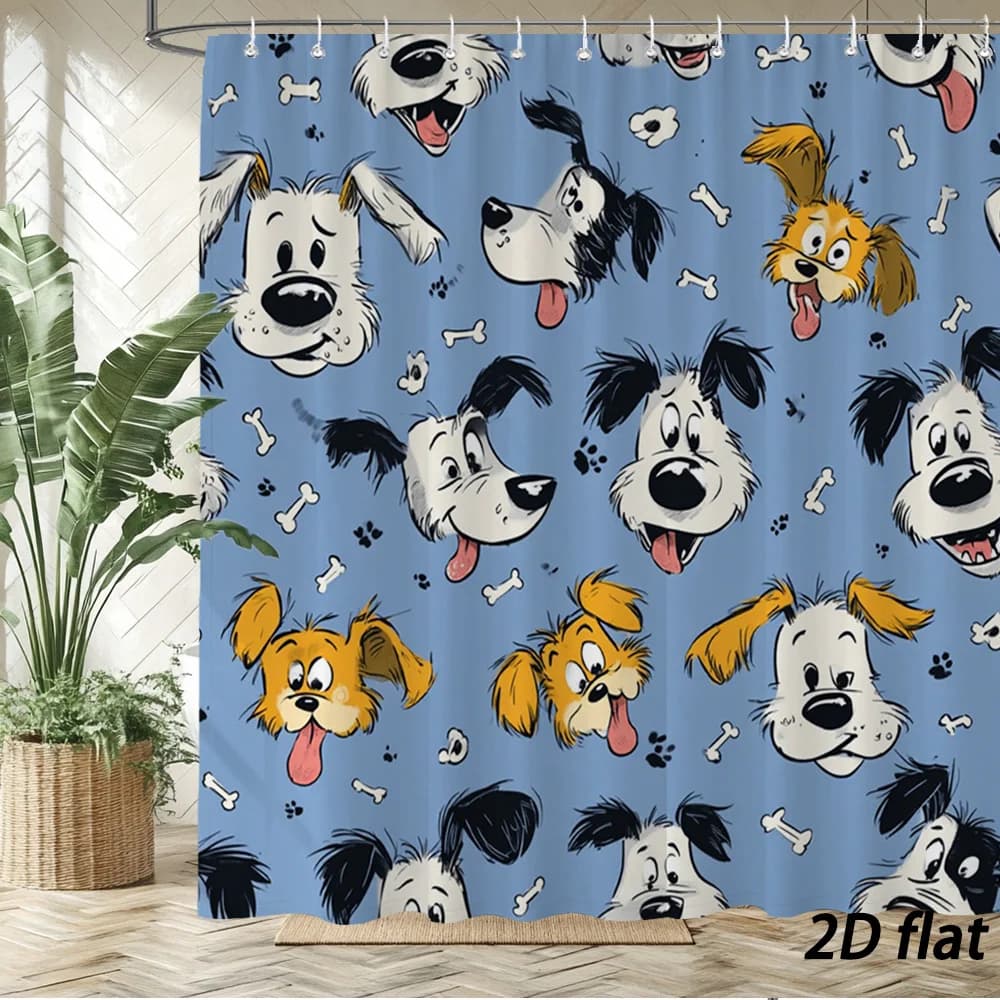 Tenda da doccia con faccine di cani dei cartoni animati – Cuccioli e ossa sorridenti su sfondo blu, piatto 2D, 12 ganci, 70,8×70,8 pollici, poliestere, lavabile in lavatrice