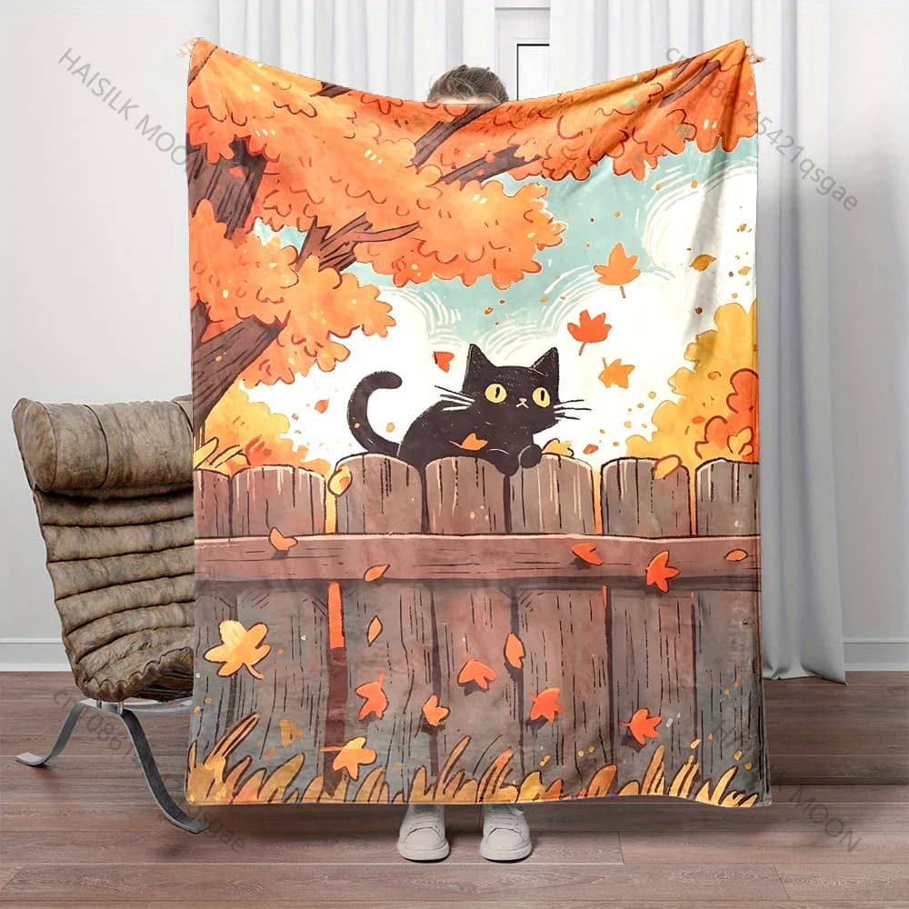 1PC Gatto nero su recinzione in autunno, stampa con motivo gatto nero su recinzione, coperte calde per adulti e bambini, per casa, viaggi, auto, morbide e confortevoli, adatte a tutte le stagioni