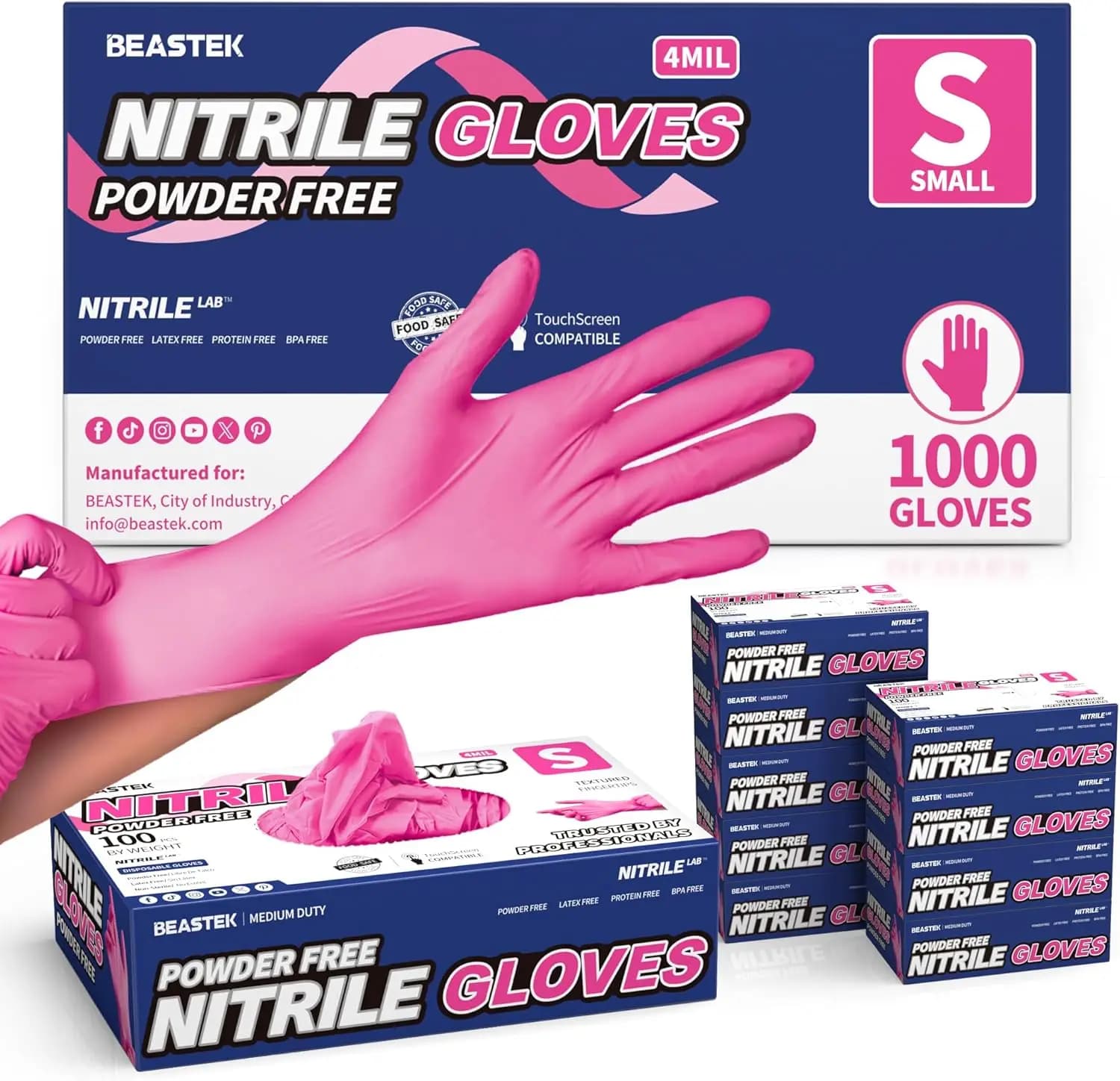 Guanti in Nitrile per Esami, 4 Mil, 1000 Pezzi, Senza Polvere, Senza Lattice, Adatti per Alimenti, Monouso per Cucina e Uso Medico, Rosa Caldo
