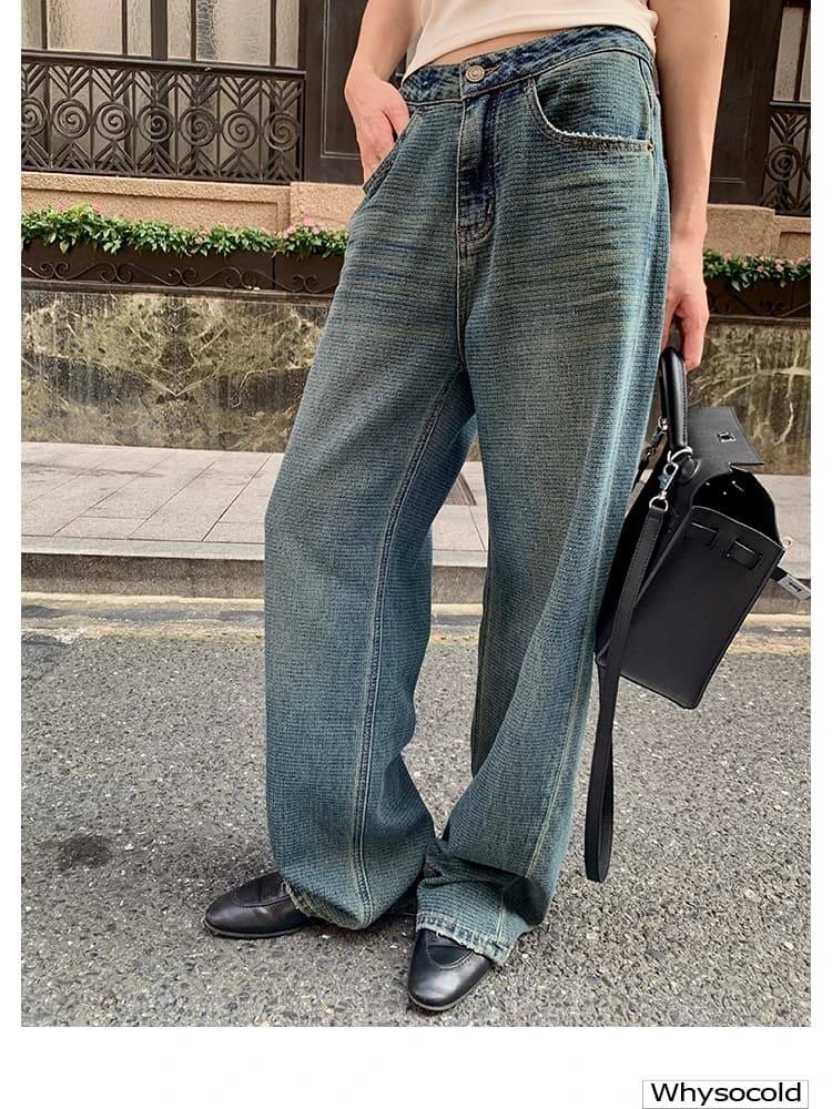 Jeans Testurizzati a Gamba Dritta, Lunghi fino al Pavimento, Modellanti, da Donna, Nuovi per Autunno Inverno, Blu Bianco, Vintage, in Denim, Pantaloni a Gamba Larga