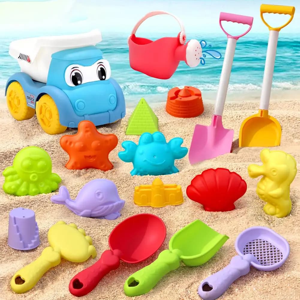 Set di 17/18/19 Pezzi di Giocattoli da Spiaggia, Secchiello, Clessidra, Paletta in Plastica Resistente, Giochi Estivi per Piscina e Spiaggia, Attrezzi per Giochi all'Aperto, Accessori per Vacanze