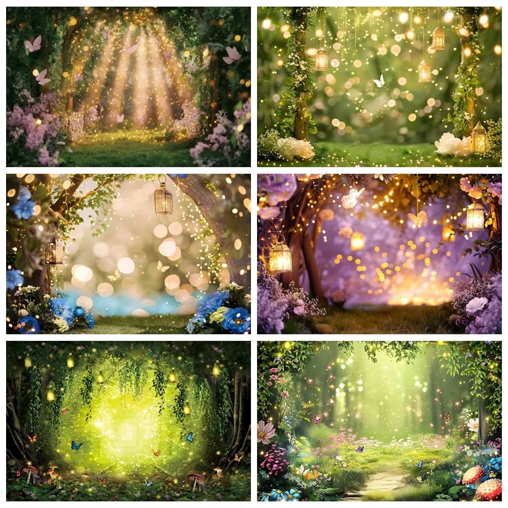 Sfondo da giardino fiabe Sfondo da sogno foresta incantata Farfalla Fiori Luce Bokeh Ragazza Festa di compleanno per bambini Sfondo fotografico