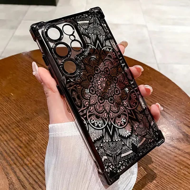 For Samsung Galaxy S25 S24 S23 S22 Ultra Plus S20 FE A56 A55 A53 A52S A54 A33 A34 A32 A73 5G Black Lace Pattern Clear Phone Case