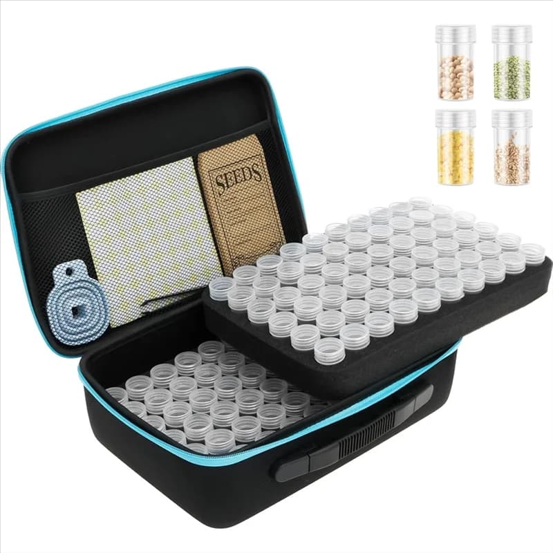 B84B-Seed storage box, large plastic container with tweezers, funnel and flower sticker