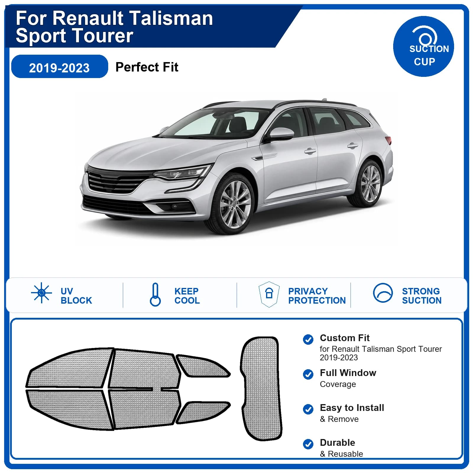For Renault Talisman Sport Tourer 2019-2023 Custom Full Set Windshield Sun Shade Aluminum Foil Heat Insulation Anti UV Foldable