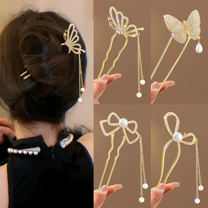 High-end U-shaped hairpin with pearl rhinestones in ancient style, new spiral hair accessory with Chinese style hair band