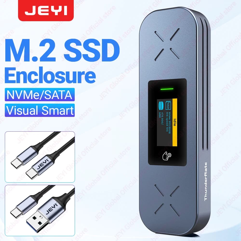 JEYI Visual Smart Enclosure per SSD M.2 NVMe/SATA, Adattatore Esterno USB 3.2 Gen 2 10Gbps per M2, Supporta M-Key B +M Key UASP Trim