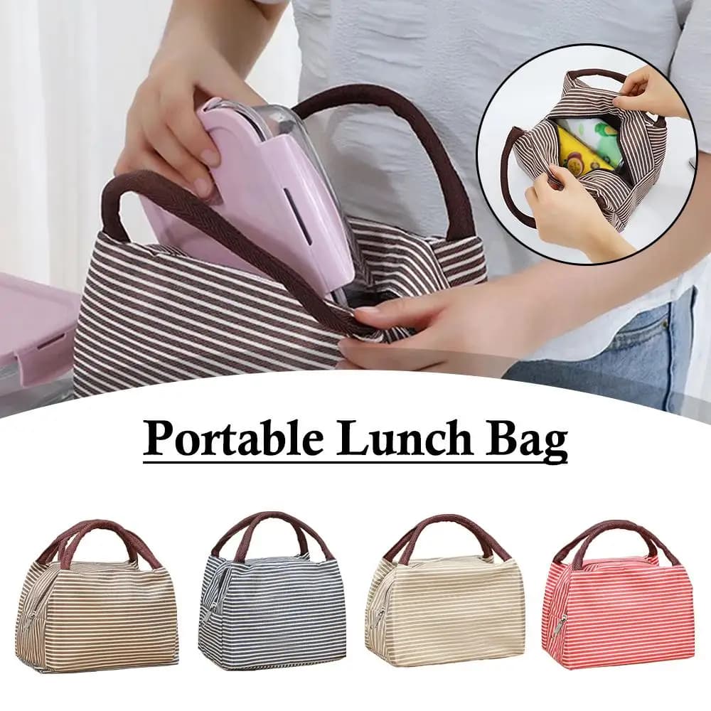 Striped Insulated Lunch Bag Portable Thermal Cooler Tote for Women & Men Waterproof & Reusable for Work School Picnic