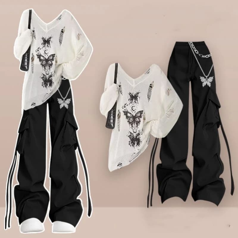 T-shirt butterfly dug loose spring summer by woman Three-piece cargo pants Women's Top fashionable vest Pants
