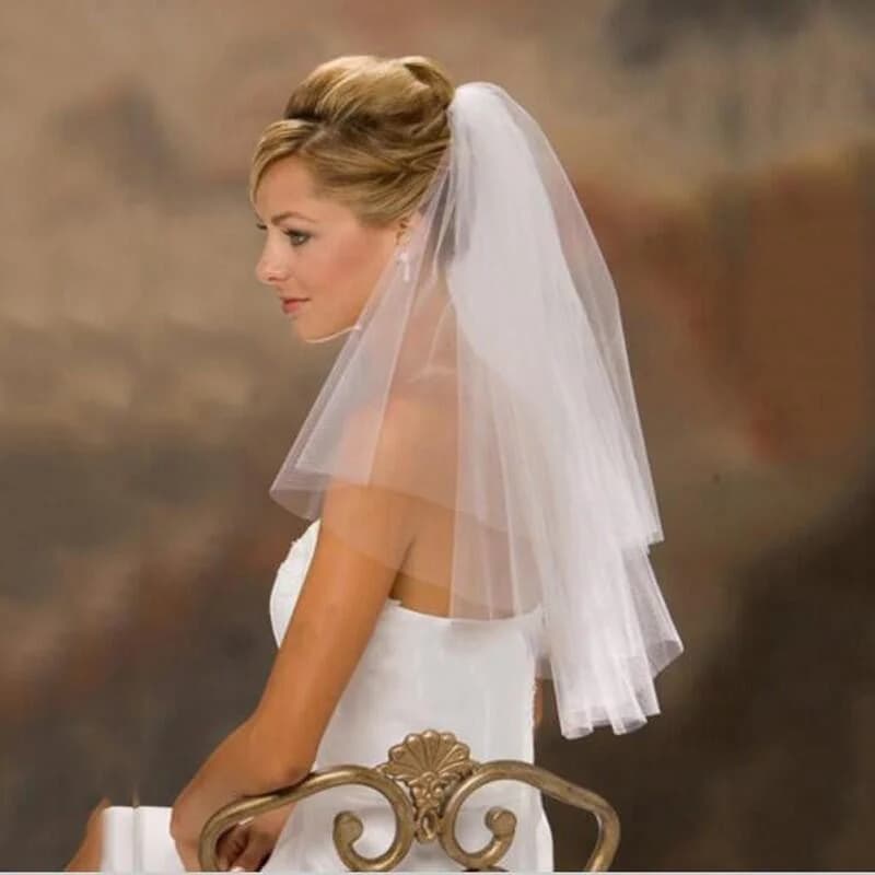 Velo da sposa corto a 2 strati con pettine in metallo, velo nuziale semplice in tulle trasparente per capelli sciolti, copricapo da sposa in stile europeo americano
