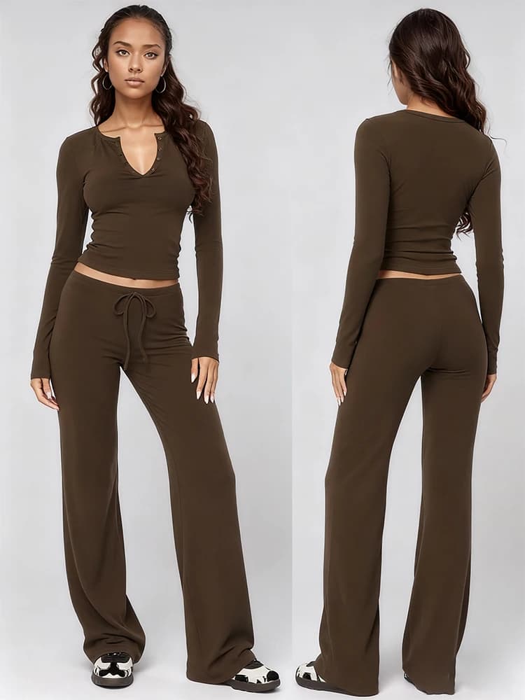 Women's pajamas in two pieces in solid color, long sleeve pullover, comfortable shirt, pants with waist drawstring, loungewear
