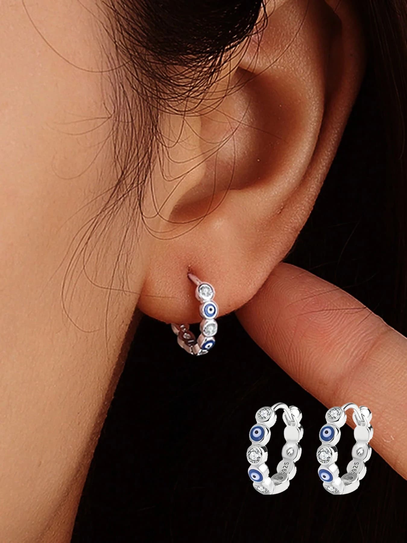 Orecchini a doppio cerchio con occhio del diavolo tempestato di diamanti rotondi in argento sterling S925, un regalo per il tuo amante, amico o Bestie nel compleanno, adatto per l'uso quotidiano/viaggio/festa, gioielli di fascia alta per le donne