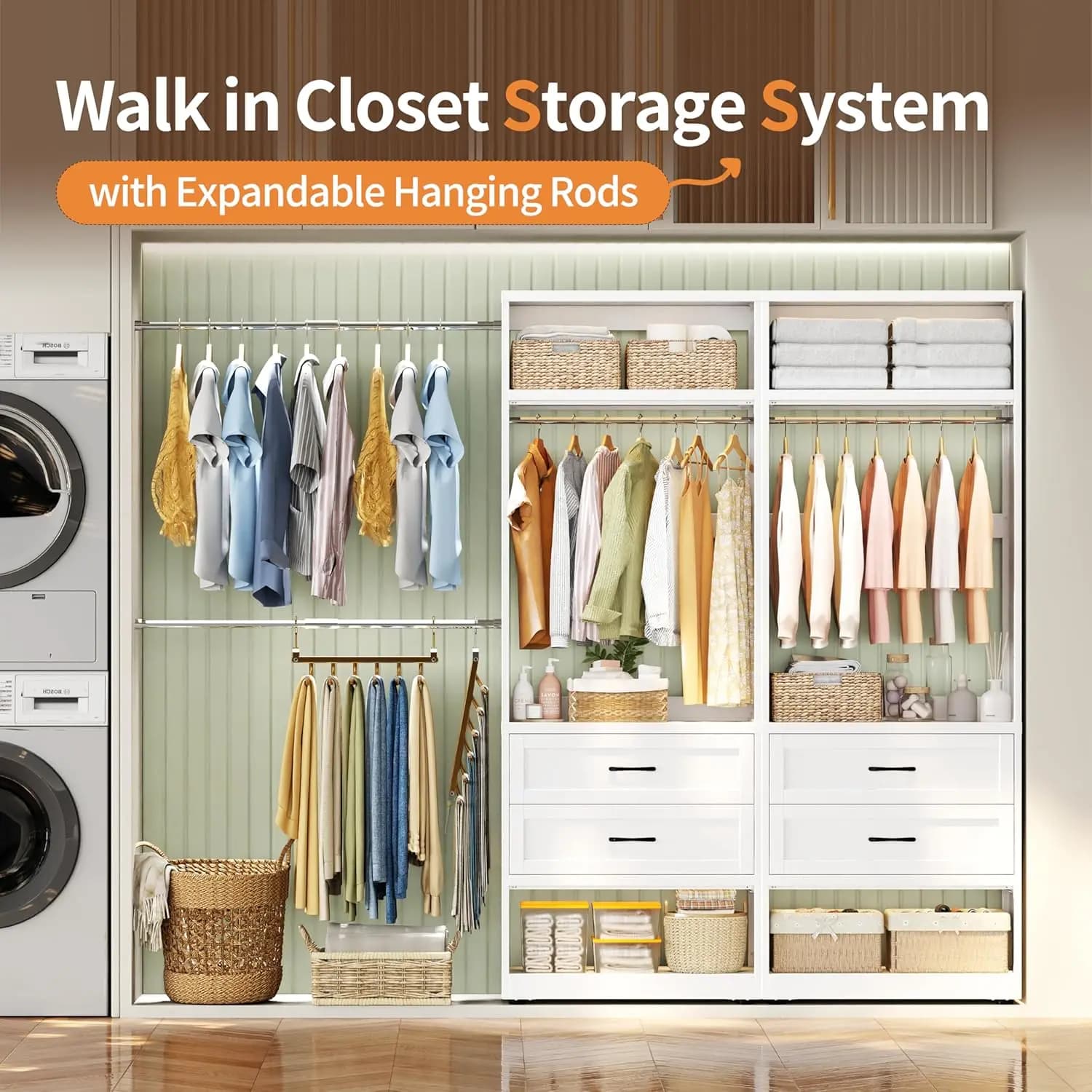 Closet System, 4-8 Ft Metal Closet Organizer With2 Drawers and 4 Expandable Hanging Rods, Walk-in Closet Organizer, Customized
