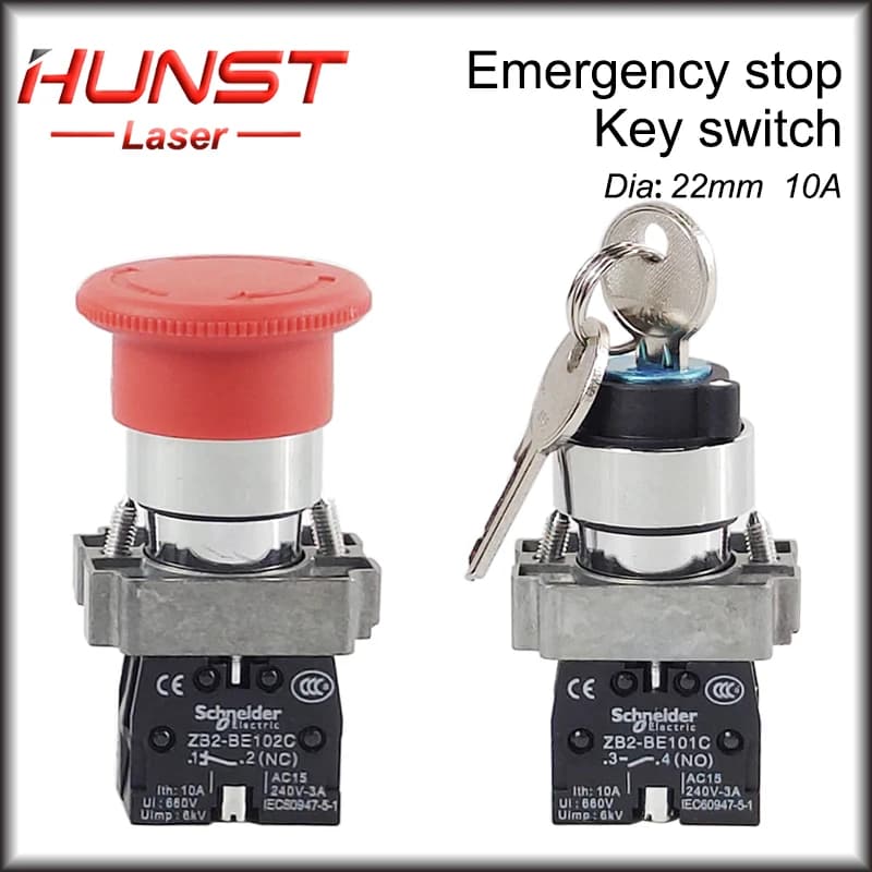 Pulsante di arresto di emergenza Hunst interruttore a chiave NC NO AC15 10A per macchina da taglio per incisione Laser CO2