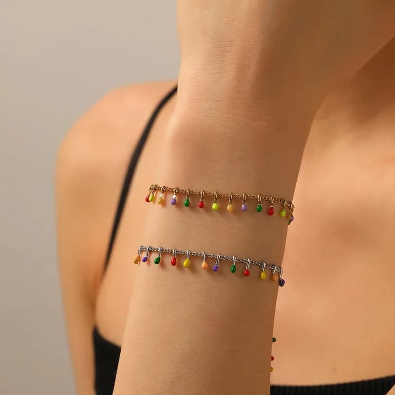 Divertente dolce braccialetto con pendente a goccia d'acqua in acciaio inossidabile con smalto a goccia per le donne, gioielli estivi per le vacanze al mare, Colorfast