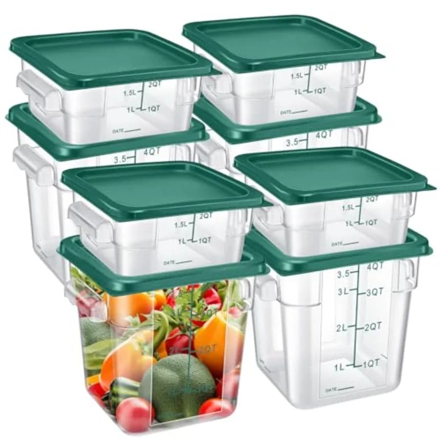 Set di Contenitori per Alimenti per Casa e Ristorante: 8 Pezzi Contenitori Quadrati Trasparenti Commerciali da 2qt/4qt con Bilance, Manici, Verde Co