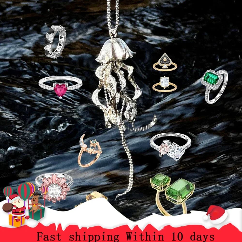 New Pink Flower Round Crystal Square Green Edge Black Triangle Crystal High Quality Ring