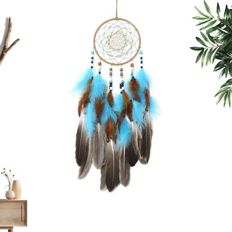 Blue Feathers Dream Catcher Large Window Hangings Handmade Ornaments Wind Chimes Home Decorations Wall Pendants For Girls Gifts