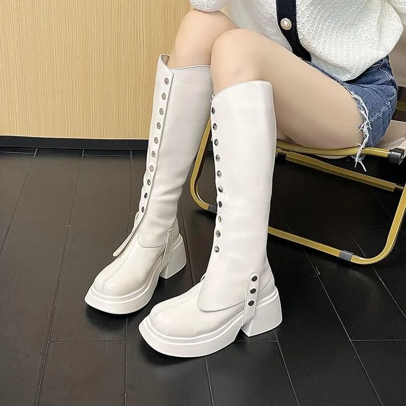 Tacco alto da donna Punta tonda Tacco spesso Stivali alti Stivali da cavaliere Temperamento alla moda Stivali da moto con rialzo Scarpe cosplay