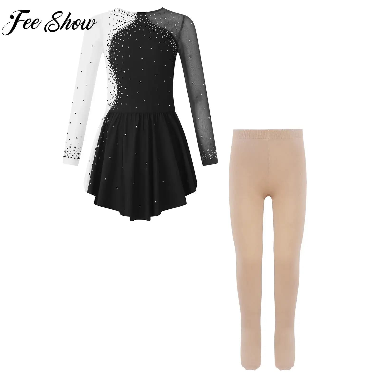 Completo per Pattinaggio Artistico su Ghiaccio per Bambine, Abito con Strass a Maniche Lunghe + Set Collant, Outfit per Ginnastica e Balletto