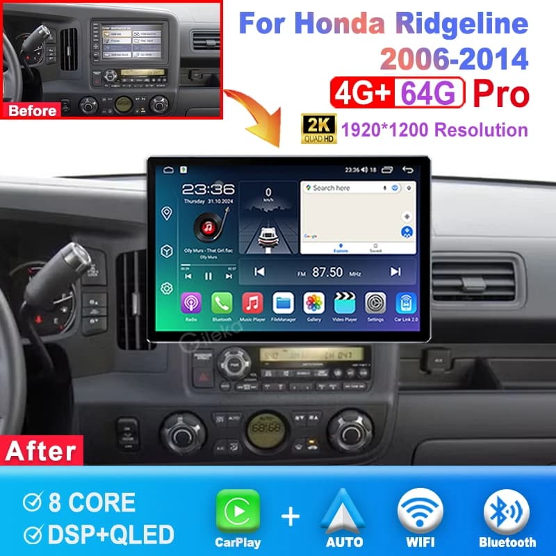 Schermo 2K da 12,5 pollici con Carplay e Android per Honda Ridgeline 2006-2014, autoradio stereo, lettore multimediale, GPS, WiFi, Bluetooth