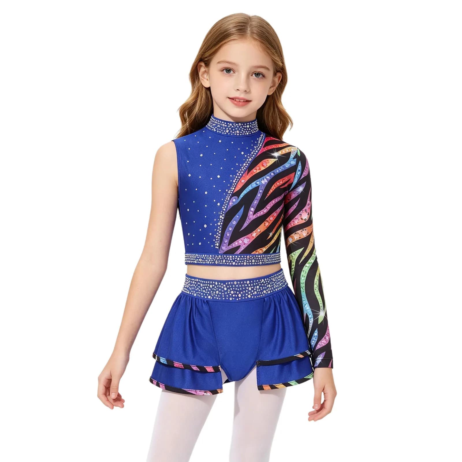 Completo da ballo per bambine con strass, top corto a manica lunga asimmetrica e gonna per pattinaggio artistico e danza jazz