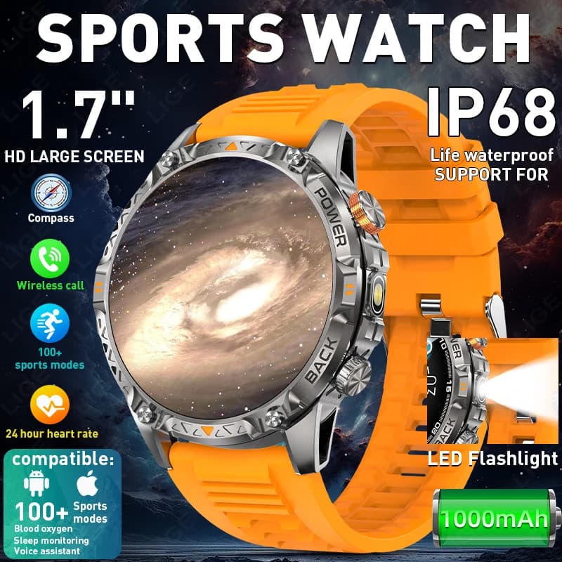 LIGE Smart Watch da 1000 mAh con chiamata Bluetooth, schermo da 1,7 pollici, assistente vocale, orologio sportivo, fitness, IP68, impermeabile, smartwatch per uomo