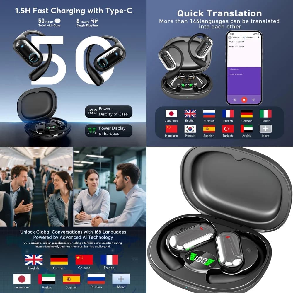 Auricolari Wireless UYUXIO per Traduzione in Tempo Reale, Traduttore Linguistico AI OWS con 144 Lingue Online per Viaggi e Affari