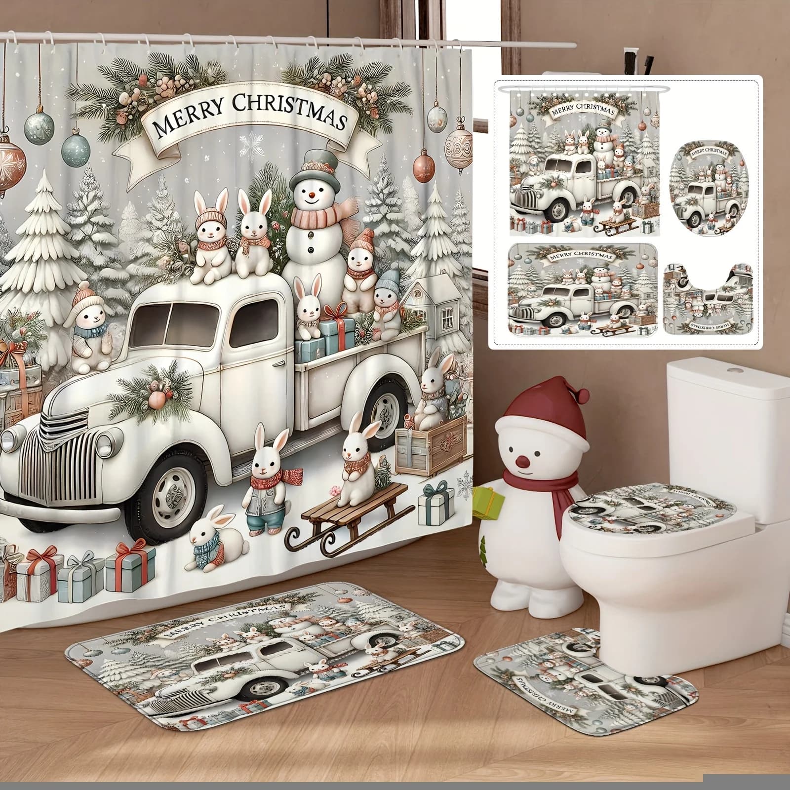 Set da bagno invernale natalizio da 4 pezzi, design camion pupazzo di neve coniglio, tenda bianca, decorazioni per la casa natalizia, ganci, tappetino antiscivolo, copriwater a forma di U