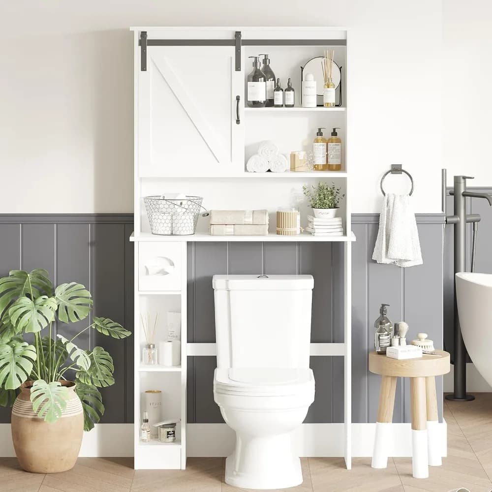 Armadietto portaoggetti sopra il WC, mensola da bagno sopra il WC con porta scorrevole del fienile, organizer per WC con porta carta igienica,
