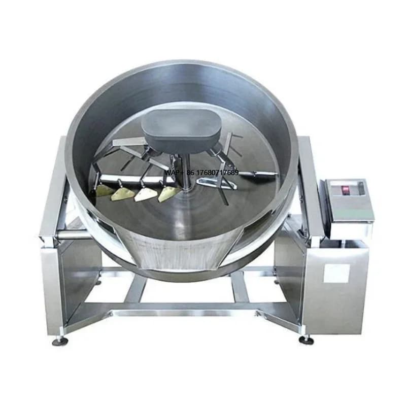 Inclined pan with fully automatic industrial planetary motor in stainless steel to mix fried eggs, meat, vegetables