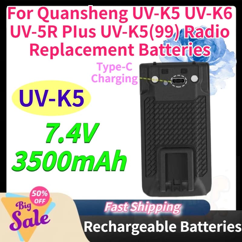 UV-K5 3500mAh Walkie Talkie Battery for Quansheng UV-K5 UV-K6 UV-5R PIus UV-K5(99) Radio Replacement Batteries Type-C Charging