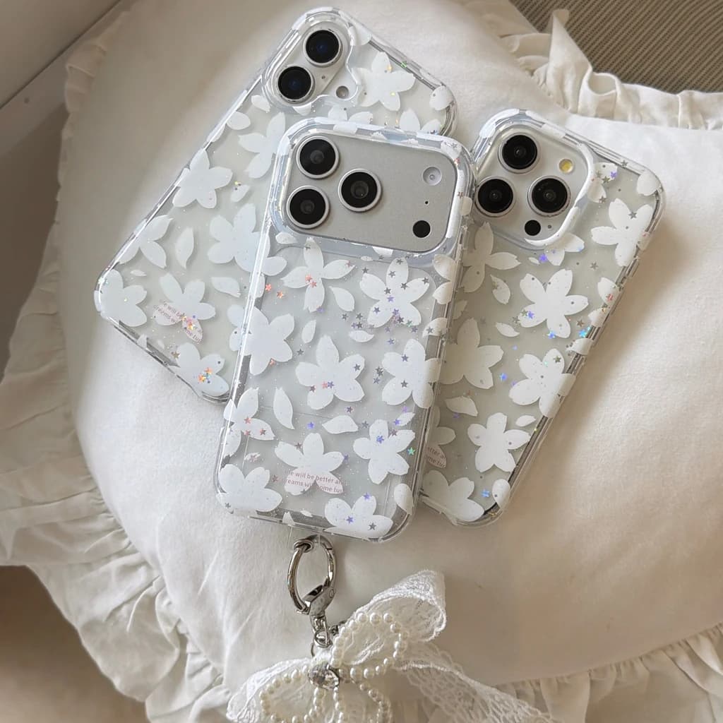 Custodia Protettiva per iPhone 17 16 15 Pro Max con Fiori Trasparenti Scintillanti e Fiocco in Pizzo - Effetto Romantico
