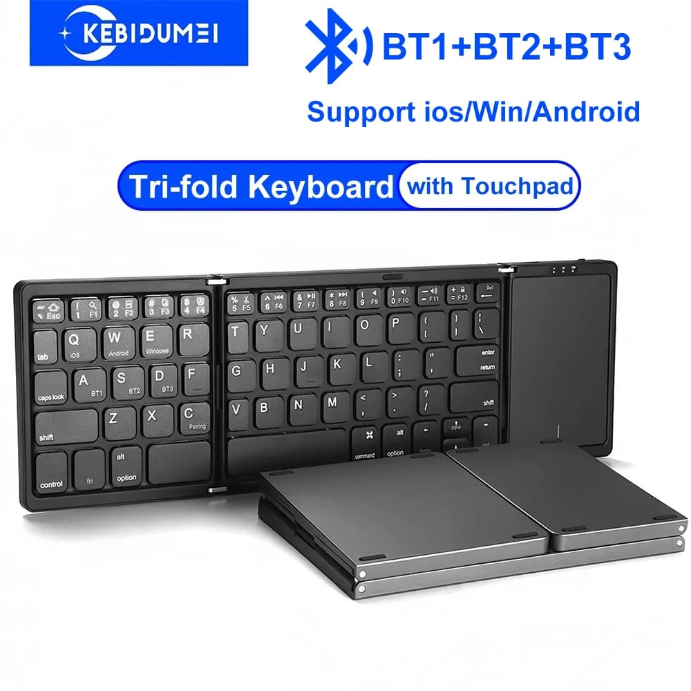 KEBIDUMEI Tre tastiere Bluetooth Tastiera pieghevole a tre ante con touchpad Mini tastiera Tastiera ricaricabile per Windows Android IOS