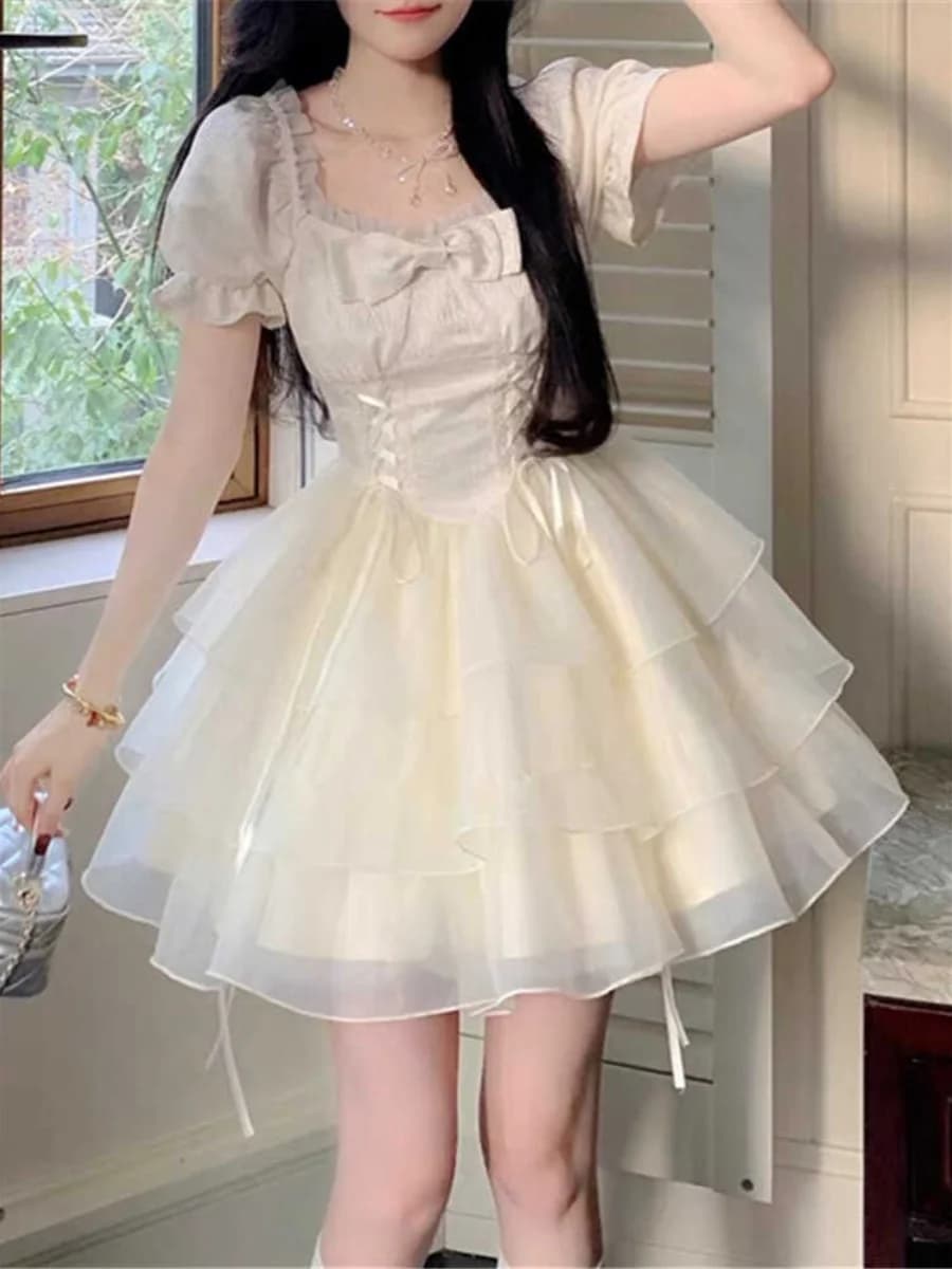 Summer Princess Style Knot Lace up Short Dress Women's High Waist Short Skirt A-Line Silhouette Floral Embroidery