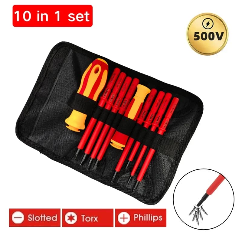 Set di cacciaviti isolati 10 in 1 con lama intercambiabile 500V con custodia magnetica per strumenti di riparazione per elettricisti professionisti domestici