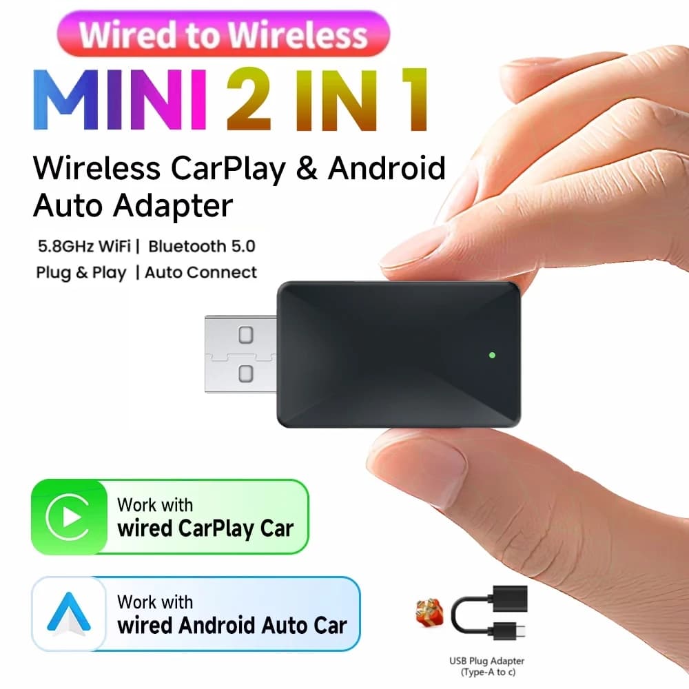 Mini CarPlay Android Car Adapter Wireless 2IN1 Smart Box Dongle Bluetooth WiFi Fast Plug & Play Connection For OEM Wired Carplay