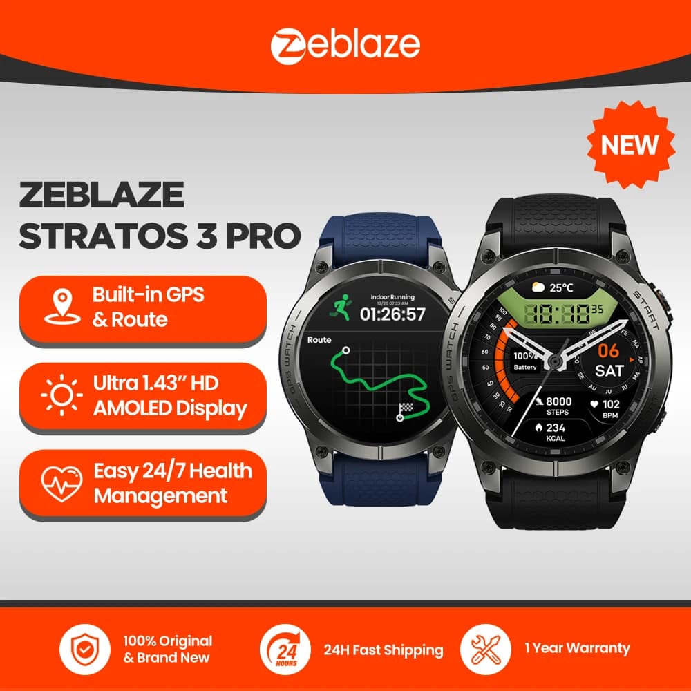 New Zeblaze Stratos 3 PRO GPS Smart Watch AMOLED Display 1.43 inch integrated GPS phone calls Bluetooth Smartwatch sports for man
