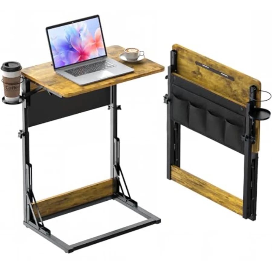 Tavolino Regolabile per TV Pieghevole a Forma di C con Portabicchieri, Borsa Portaoggetti e Slot per Tablet, Altezza Regolabile per Letto e Divano