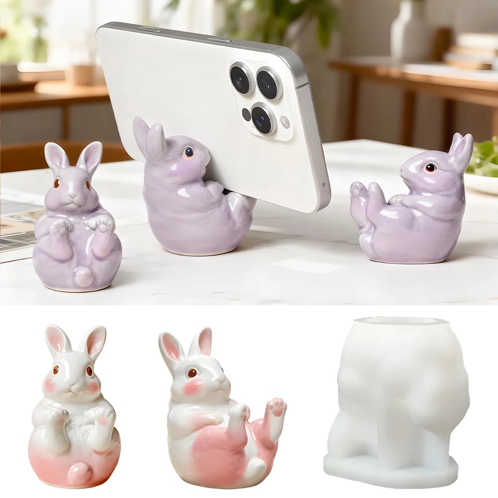 S0284 Supporto per cellulare a forma di coniglietto, in silicone, per resina epossidica fai da te, statuetta animale, supporto per telefono, stampo per ornamento da scrivania