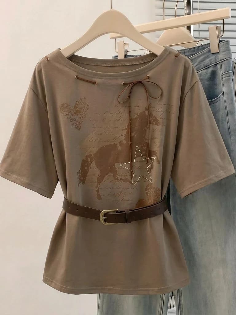 American Style Short Sleeve Mid-Length Women's T-shirt Summer New plus Size Fat MM Waist-Cinching Top Commute Fashion