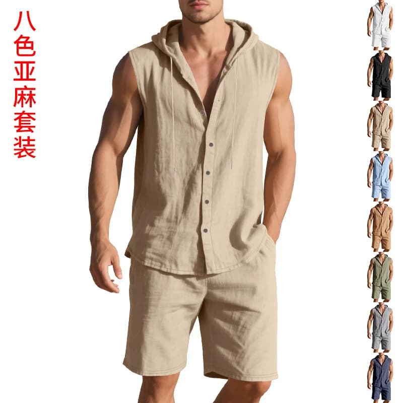 Completo sportivo due pezzi in lino, casual, semplice, con cappuccio, senza maniche, composto da camicia e pantaloncini.